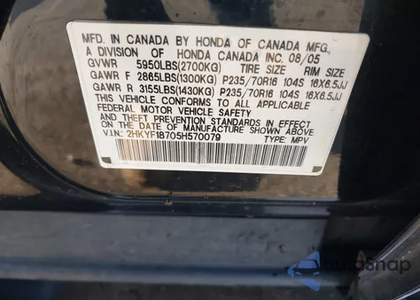 2005 Honda Pilot Ex-L from USA, damaged, VIN 2HKYF18705H570079